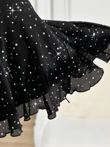 SHEIN EZwear 大尺碼女款純色水鑽裝飾時尚高腰裙褲 - 黑色 - 查看 6
