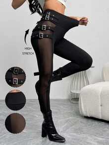 SHEIN Nightclub Sexy Black Mesh Patchwork Decorative Buttons Slim Fit Women's Fall Tights For Women - Black - View 6