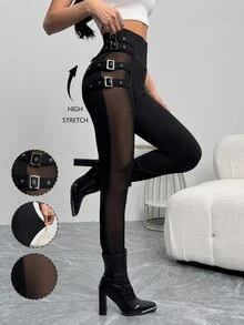 SHEIN Nightclub Sexy Black Mesh Patchwork Decorative Buttons Slim Fit Women's Fall Tights For Women - Black - View 8