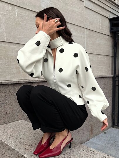Firerie Women's Elegant Casual Fashion New Commute Street Versatile Back To School Season Stand Collar Zipper Vintage Polka Dot Print Waist-Cinching Long Sleeve Pocket Jacket