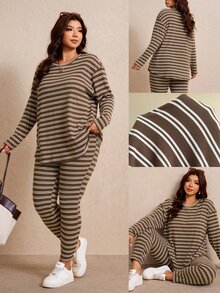 Elaquor Plus Size Spring/Autumn Traditional Baggy Brown Top And Leggings 2 Pieces Set Fall/Winter Homewear Evening Vacation Women Casual Cargo - Multicolor - View 2