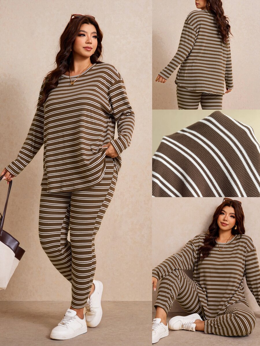 Elaquor Plus Size Spring/Autumn Traditional Baggy Brown Top And Leggings 2 Pieces Set Fall/Winter Homewear Evening Vacation Women Casual Cargo