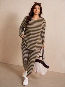 Elaquor Plus Size Spring/Autumn Traditional Baggy Brown Top And Leggings 2 Pieces Set Fall/Winter Homewear Evening Vacation Women Casual Cargo - Multicolor - View 6