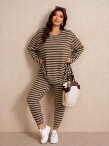 Elaquor Plus Size Spring/Autumn Traditional Baggy Brown Top And Leggings 2 Pieces Set Fall/Winter Homewear Evening Vacation Women Casual Cargo - Multicolor - View 8