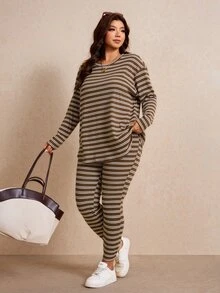 Elaquor Plus Size Spring/Autumn Traditional Baggy Brown Top And Leggings 2 Pieces Set Fall/Winter Homewear Evening Vacation Women Casual Cargo - Multicolor - View 3