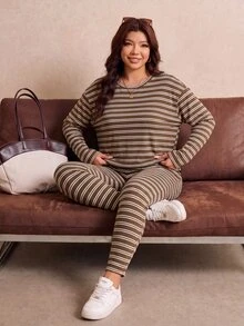 Elaquor Plus Size Spring/Autumn Traditional Baggy Brown Top And Leggings 2 Pieces Set Fall/Winter Homewear Evening Vacation Women Casual Cargo - Multicolor - View 7