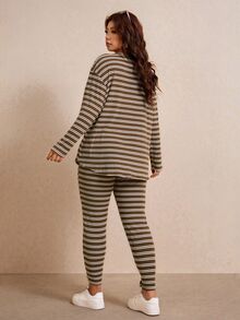 Elaquor Plus Size Spring/Autumn Traditional Baggy Brown Top And Leggings 2 Pieces Set Fall/Winter Homewear Evening Vacation Women Casual Cargo - Multicolor - View 4