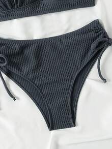 SHEIN Swim 夏季海滩女士纹理侧结分体比基尼套装 - 霧霾藍 - 查看 4