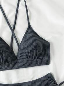 SHEIN Swim 夏季海滩女士纹理侧结分体比基尼套装 - 霧霾藍 - 查看 5
