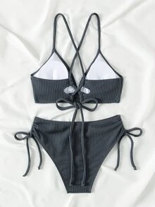 SHEIN Swim 夏季海滩女士纹理侧结分体比基尼套装 - 霧霾藍 - 查看 3