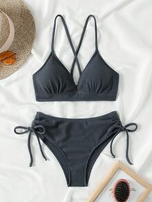 SHEIN Swim 夏季海滩女士纹理侧结分体比基尼套装 - 霧霾藍 - 查看 2