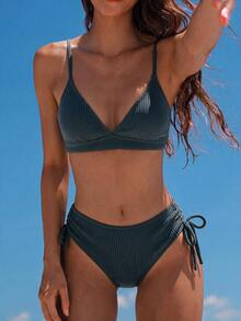 SHEIN Swim 夏季海滩女士纹理侧结分体比基尼套装 - 霧霾藍 - 查看 1