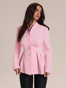 Glamine Charm Women's Elegant Solid Color V-Neck Single-Breasted Cinched Waist Ruffle Hem Long Sleeve Blazer, Slim Fit Flared Commuter Office Wear - Pink - View 10