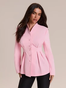 Glamine Charm Women's Elegant Solid Color V-Neck Single-Breasted Cinched Waist Ruffle Hem Long Sleeve Blazer, Slim Fit Flared Commuter Office Wear - Pink - View 3