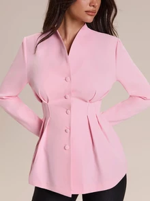 Glamine Charm Women's Elegant Solid Color V-Neck Single-Breasted Cinched Waist Ruffle Hem Long Sleeve Blazer, Slim Fit Flared Commuter Office Wear - Pink - View 4