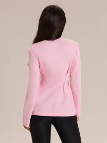 Glamine Charm Women's Elegant Solid Color V-Neck Single-Breasted Cinched Waist Ruffle Hem Long Sleeve Blazer, Slim Fit Flared Commuter Office Wear - Pink - View 7