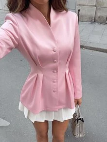 Glamine Charm Women's Elegant Solid Color V-Neck Single-Breasted Cinched Waist Ruffle Hem Long Sleeve Blazer, Slim Fit Flared Commuter Office Wear - Pink - View 1