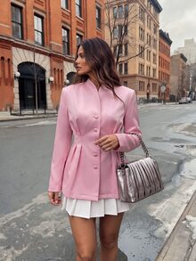 Glamine Charm Women's Elegant Solid Color V-Neck Single-Breasted Cinched Waist Ruffle Hem Long Sleeve Blazer, Slim Fit Flared Commuter Office Wear - Pink - View 9