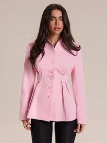 Glamine Charm Women's Elegant Solid Color V-Neck Single-Breasted Cinched Waist Ruffle Hem Long Sleeve Blazer, Slim Fit Flared Commuter Office Wear - Pink - View 6