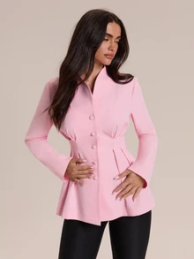 Glamine Charm Women's Elegant Solid Color V-Neck Single-Breasted Cinched Waist Ruffle Hem Long Sleeve Blazer, Slim Fit Flared Commuter Office Wear - Pink - View 11