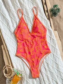 Swim Mod Women's Adjustable Spaghetti Strap Printed One-Piece Swimsuit, Backless High-Cut, Suitable For Vacation - Hot Pink - View 5