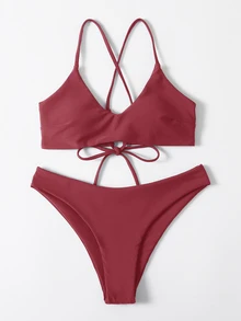 Swim Chiccia 女款純色交叉背性感比基尼泳衣套裝，無鋼圈，適合夏季海灘度假 - 紅木色 - 查看 3