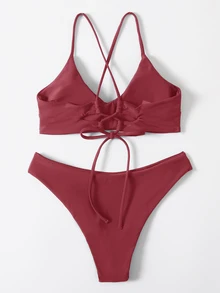 Swim Chiccia 女款純色交叉背性感比基尼泳衣套裝，無鋼圈，適合夏季海灘度假 - 紅木色 - 查看 6