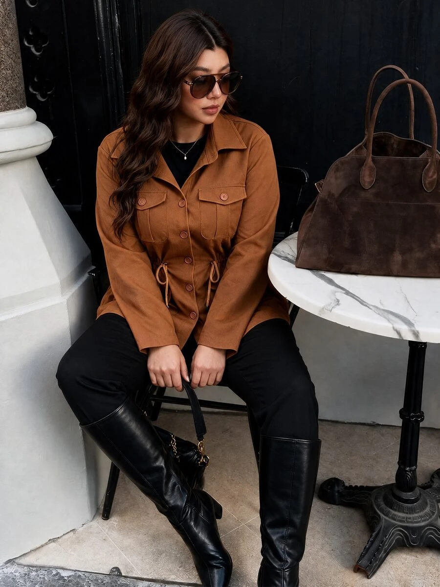 Elaquor Plus Flap Pocket Cinched Waist Jacket,Barnfit,Barn In Autumn Safari