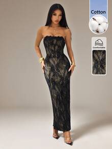 SHEIN PETITE Women's Elegant Sexy Black Floral Lace Square Neck Fitted Strapless Maxi Dress Summer Sheer Mesh Evening Party Night Out Rave Goddess Outfit - Black - View 8