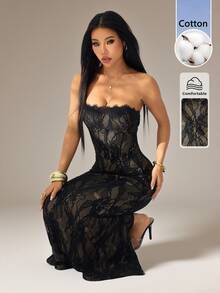 SHEIN PETITE Women's Elegant Sexy Black Floral Lace Square Neck Fitted Strapless Maxi Dress Summer Sheer Mesh Evening Party Night Out Rave Goddess Outfit - Black - View 1