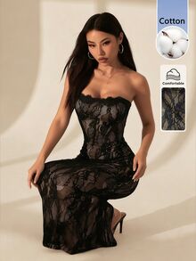 SHEIN PETITE Women's Elegant Sexy Black Floral Lace Square Neck Fitted Strapless Maxi Dress Summer Sheer Mesh Evening Party Night Out Rave Goddess Outfit - Black - View 9