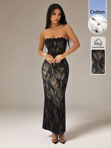 SHEIN PETITE Women's Elegant Sexy Black Floral Lace Square Neck Fitted Strapless Maxi Dress Summer Sheer Mesh Evening Party Night Out Rave Goddess Outfit - Black - View 5