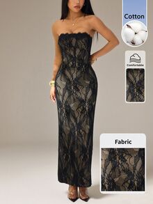 SHEIN PETITE Women's Elegant Sexy Black Floral Lace Square Neck Fitted Strapless Maxi Dress Summer Sheer Mesh Evening Party Night Out Rave Goddess Outfit - Black - View 3