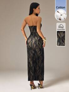 SHEIN PETITE Women's Elegant Sexy Black Floral Lace Square Neck Fitted Strapless Maxi Dress Summer Sheer Mesh Evening Party Night Out Rave Goddess Outfit - Black - View 2