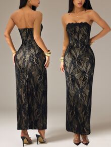 SHEIN PETITE Women's Elegant Sexy Black Floral Lace Square Neck Fitted Strapless Maxi Dress Summer Sheer Mesh Evening Party Night Out Rave Goddess Outfit - Black - View 10