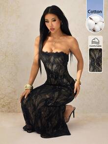 SHEIN PETITE Women's Elegant Sexy Black Floral Lace Square Neck Fitted Strapless Maxi Dress Summer Sheer Mesh Evening Party Night Out Rave Goddess Outfit - Black - View 11