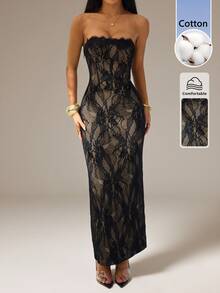 SHEIN PETITE Women's Elegant Sexy Black Floral Lace Square Neck Fitted Strapless Maxi Dress Summer Sheer Mesh Evening Party Night Out Rave Goddess Outfit - Black - View 7