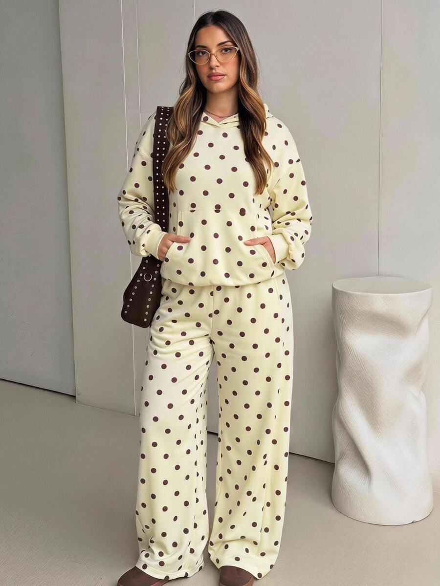 SHEIN EZwear Plus Size Women Polka Dot Print Pocket Hooded Sweatshirt And Sweatpants Casual 2 Pieces Set Fall - Multicolor - View 1