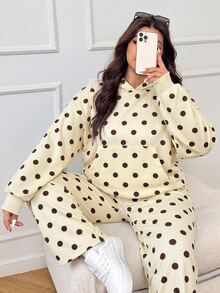 SHEIN EZwear Plus Size Women Polka Dot Print Pocket Hooded Sweatshirt And Sweatpants Casual 2 Pieces Set Fall - Multicolor - View 6