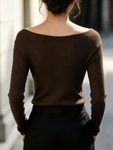 Balvessa French Style Off-Shoulder Twisted Knot Brushed Ribbed Knit Long Sleeve Top, Women's Autumn/Winter New Design Gentle Elegant Blouse, Suitable For Daily Wear, Commuting, Inner Layering T-Shirt, Office Outfit - Brown - View 2