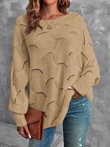 Balvessa Women's Solid Color Casual Versatile Daily Wear Long Sleeve Sweater - Khaki - View 3