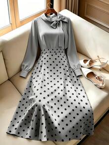 GlowEve Women's Tie Neck Patchwork Polka Dot Pattern Long Sleeve Elegant Mid-Length Dress - Dark Grey - View 3