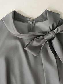 GlowEve Women's Tie Neck Patchwork Polka Dot Pattern Long Sleeve Elegant Mid-Length Dress - Dark Grey - View 4
