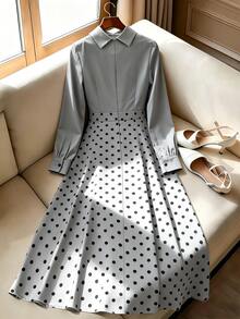 GlowEve Women's Tie Neck Patchwork Polka Dot Pattern Long Sleeve Elegant Mid-Length Dress - Dark Grey - View 2
