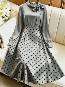 GlowEve Women's Tie Neck Patchwork Polka Dot Pattern Long Sleeve Elegant Mid-Length Dress - Dark Grey - View 1