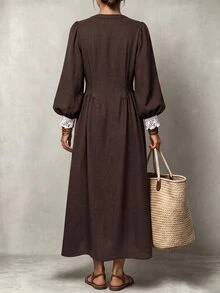 LUMIGAL Women's V-Neck Lantern Sleeve Patchwork Lace Trim Cinched Waist Long Dress - Chocolate Brown - View 2