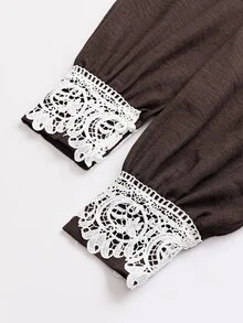LUMIGAL Women's V-Neck Lantern Sleeve Patchwork Lace Trim Cinched Waist Long Dress - Chocolate Brown - View 5