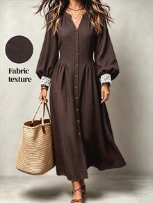 LUMIGAL Women's V-Neck Lantern Sleeve Patchwork Lace Trim Cinched Waist Long Dress - Chocolate Brown - View 3