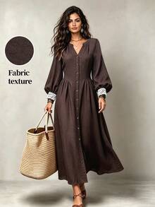 LUMIGAL Women's V-Neck Lantern Sleeve Patchwork Lace Trim Cinched Waist Long Dress - Chocolate Brown - View 1