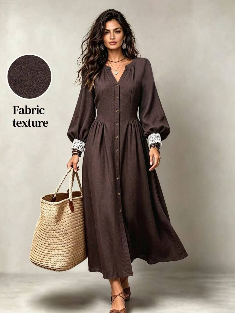LUMIGAL Women's V-Neck Lantern Sleeve Patchwork Lace Trim Cinched Waist Long Dress - Chocolate Brown - View 1